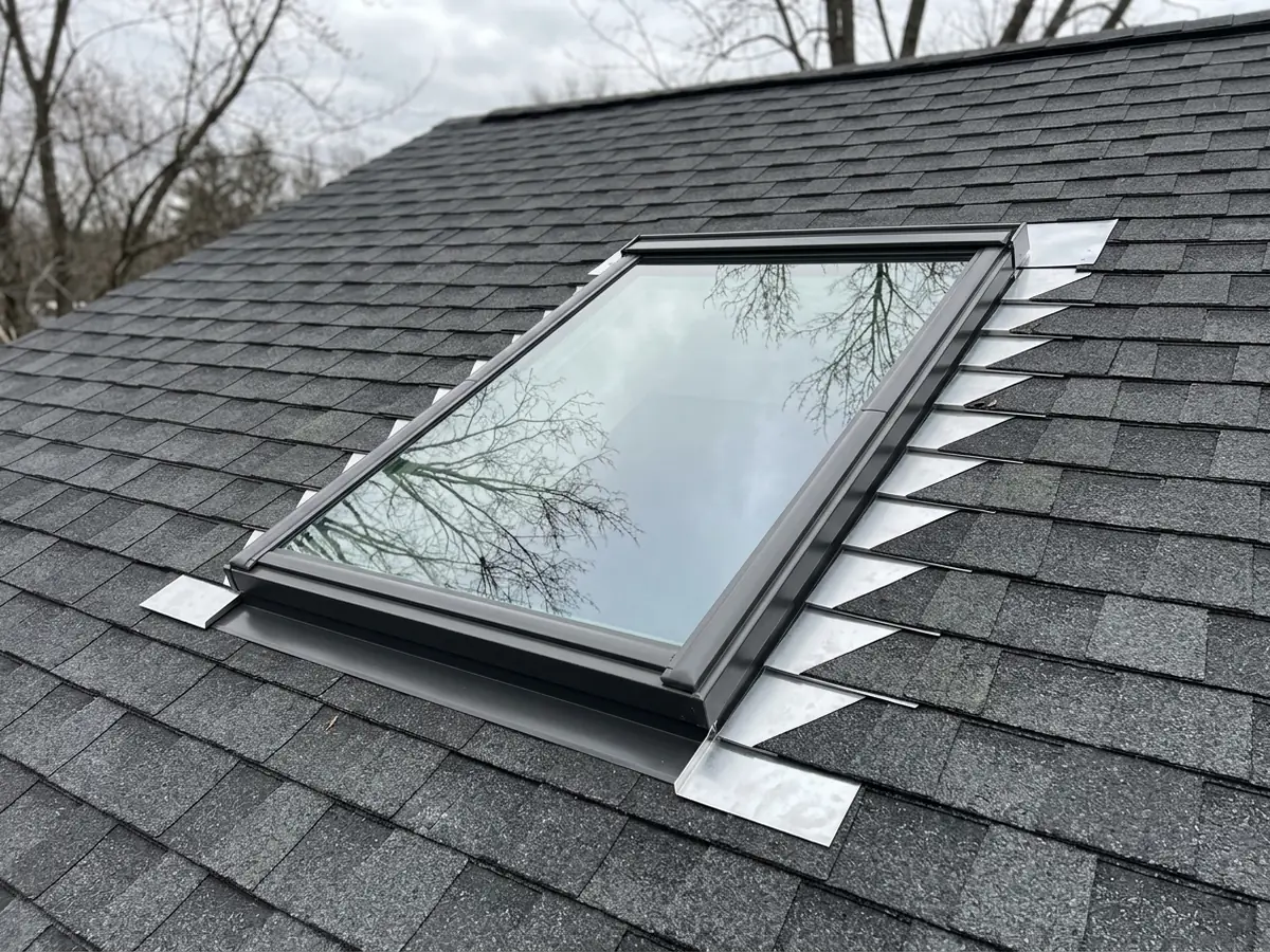 New deck-mounted skylight in a dark grey shingle roof with metal step flashing worked into the shingle courses