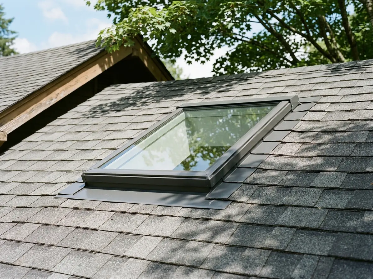 New deck-mounted skylight with a metal step-flashing kit woven into grey asphalt shingle courses on a pitched roof