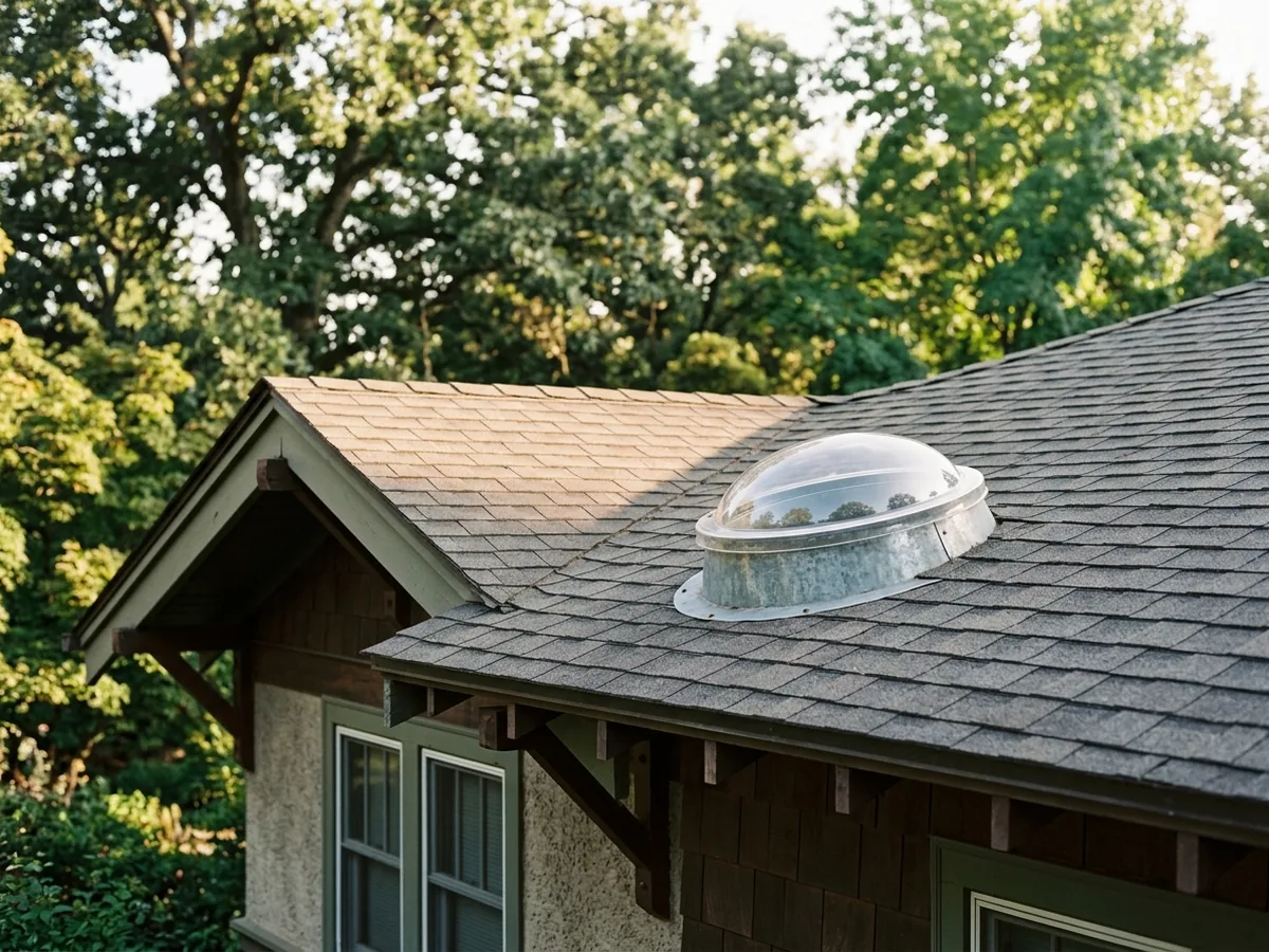 Small domed tubular skylight with round flashing base on a shingle roof above a craftsman bungalow