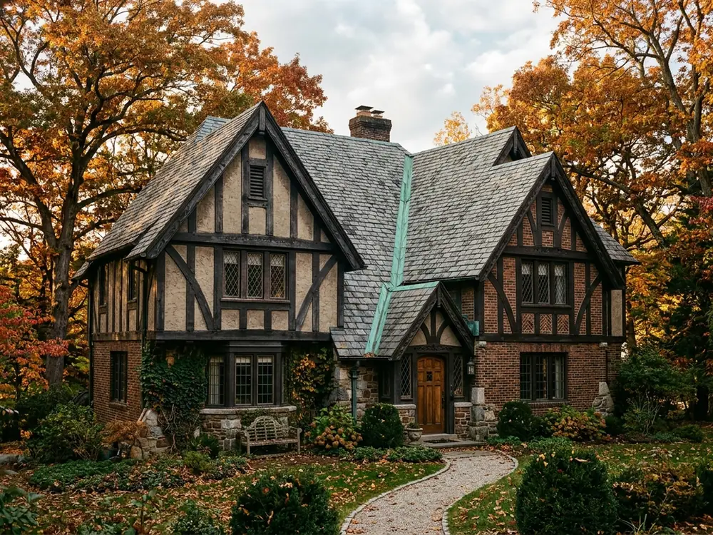 Tudor Revival house with steep gables, a weathered grey slate roof and green copper valley flashing, oaks in autumn