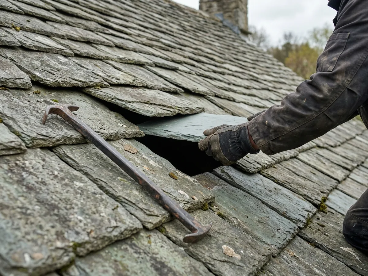 Roofer's gloved hand sliding a grey-green replacement slate into a gap on a steep slate roof, slate ripper resting nearby