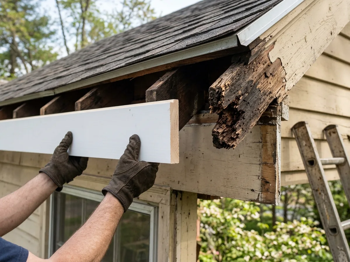 Gloved hands fitting a new primed fascia board where a rotted section has been cut away, gutter removed