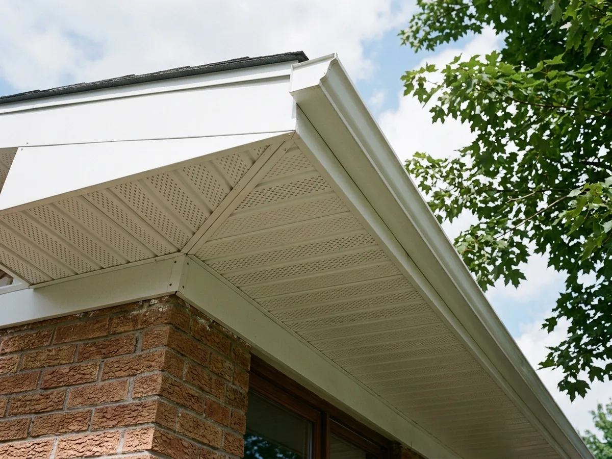 New white perforated aluminum soffit panels and matching fascia under the overhang of a brick ranch