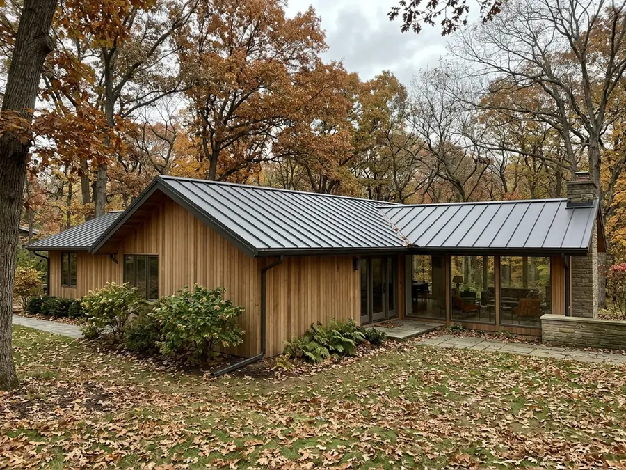 Mid-century modern house with vertical wood siding and a dark grey standing seam metal roof among tall oak trees