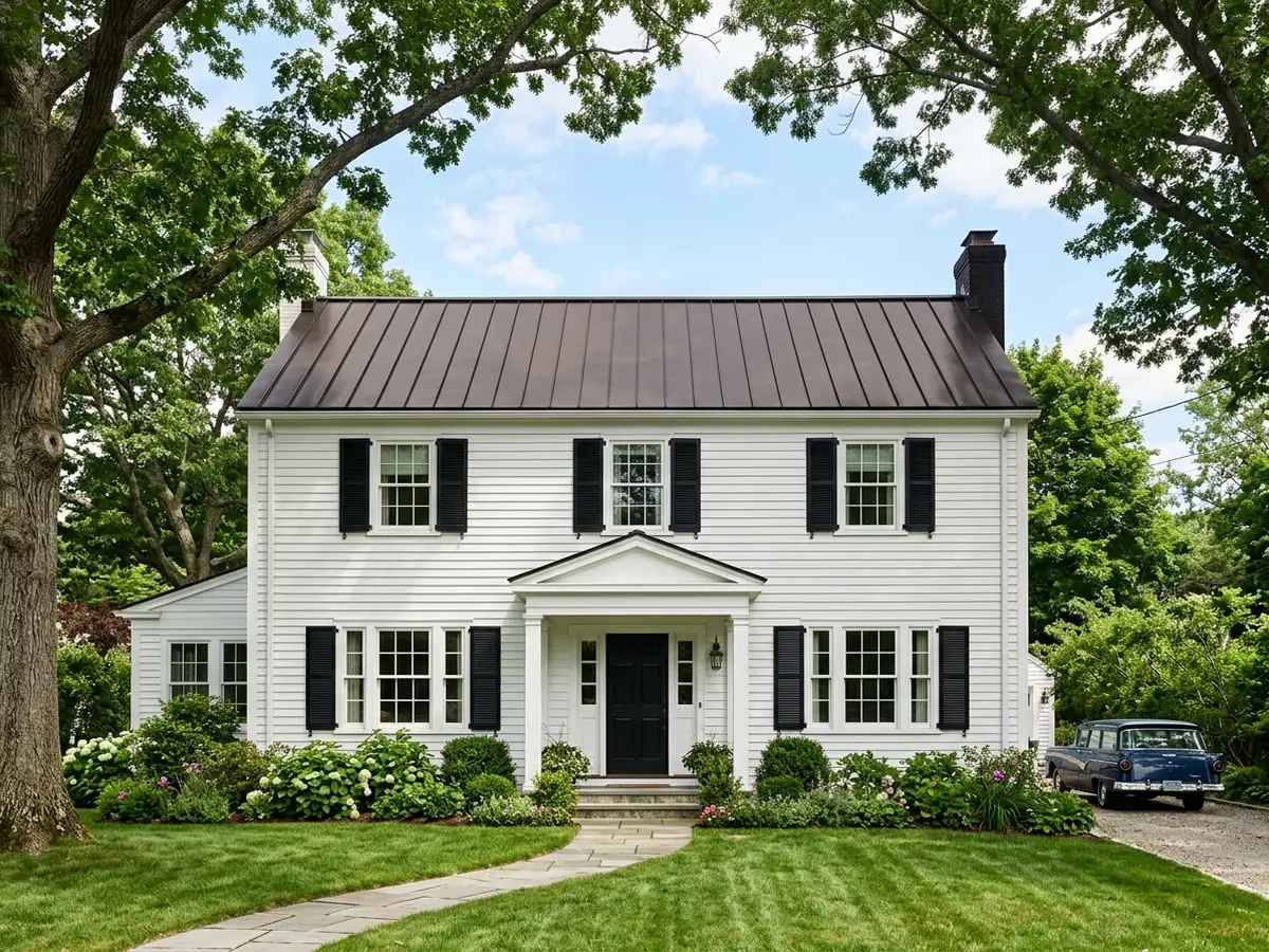 Dark bronze snap-lock standing seam metal roof on a two-story colonial, straight raised seams running ridge to eave under oak branches