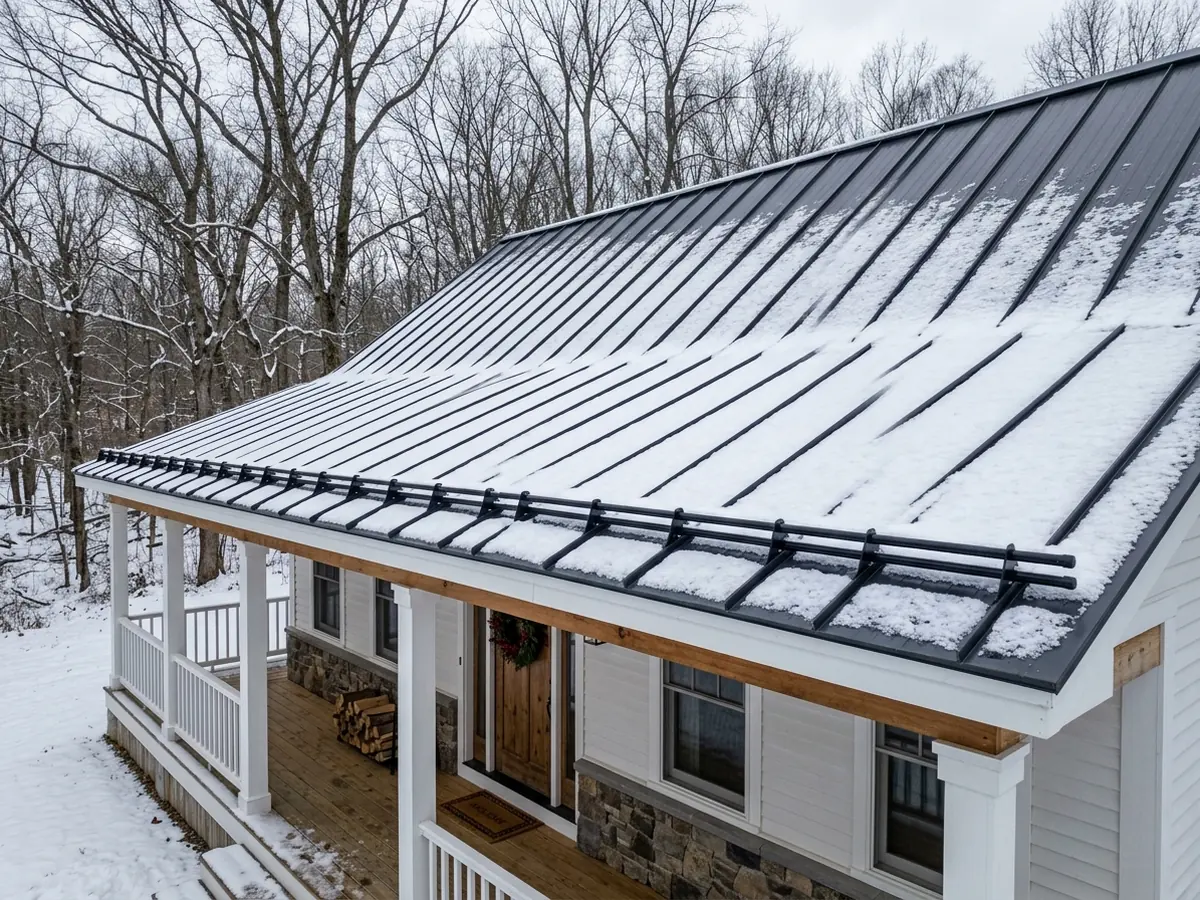 Bar-style snow guards clamped to the seams of a charcoal standing seam roof above a front porch, light snow on panels
