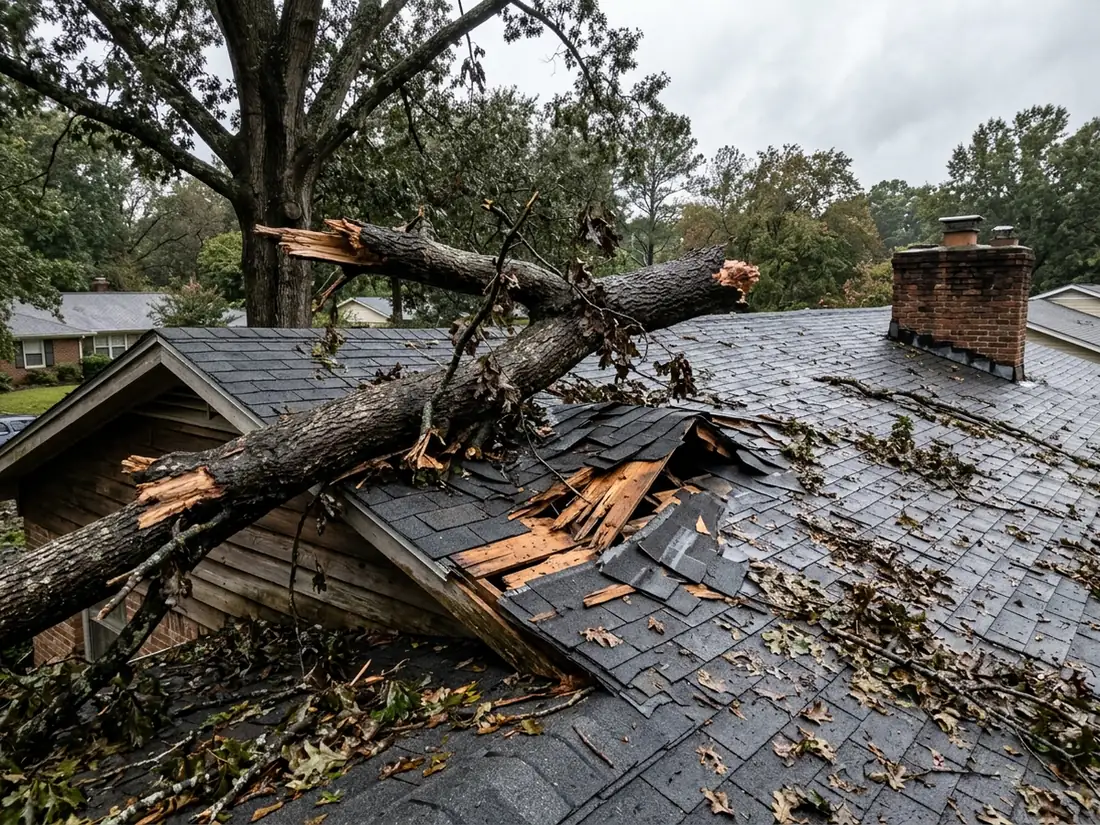Large oak limb resting across a shingle roof with broken shingles and splintered decking beneath it