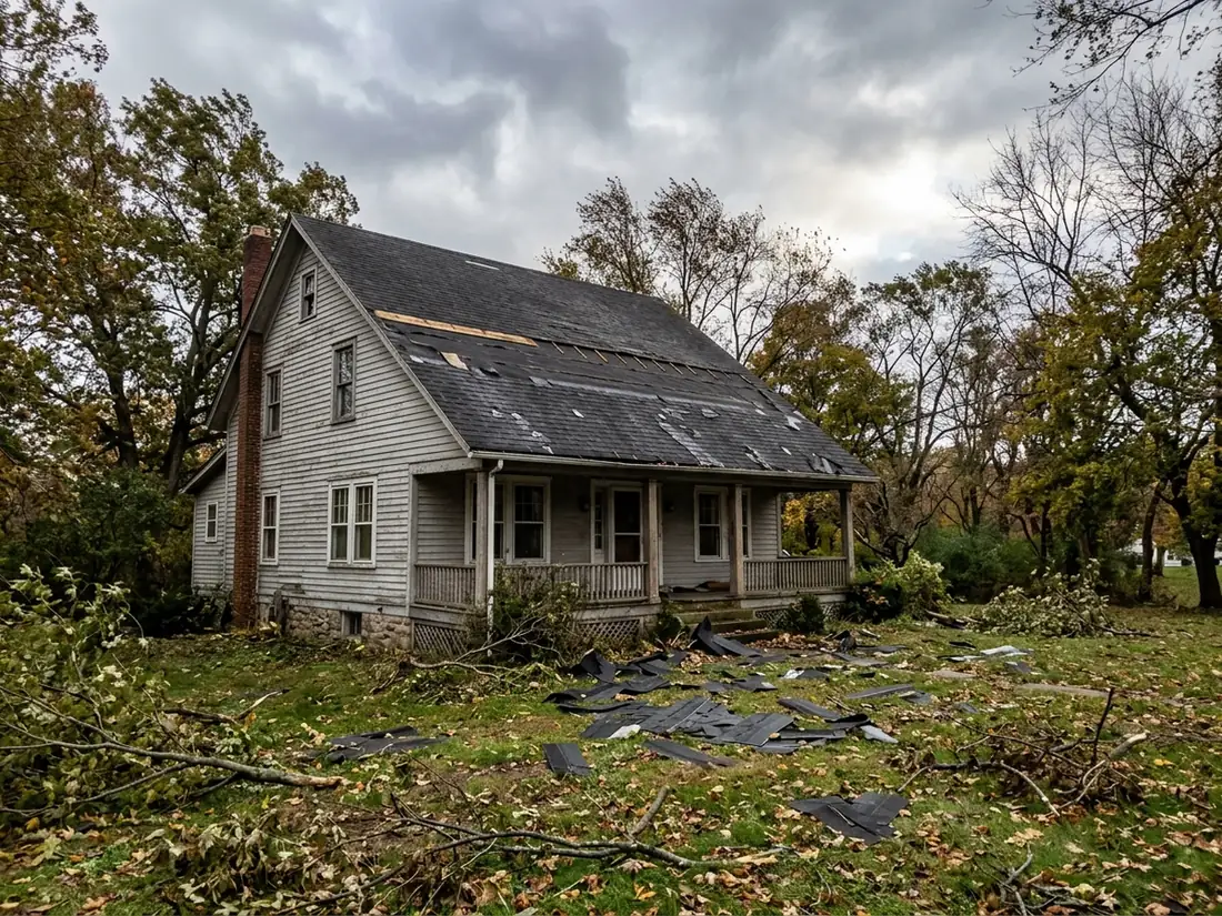 Two-story house roof with a strip of missing shingles exposing felt along one slope after a windstorm
