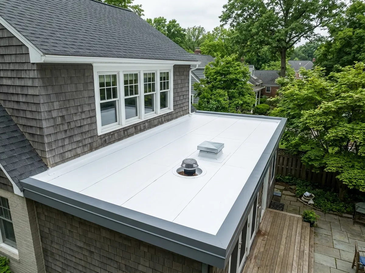 White TPO membrane flat roof with a metal edge and roof drain over a rear addition of an older shingled house